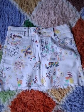 American Eagle Outfitters White Mini Skirt with Colorful Doodle Print